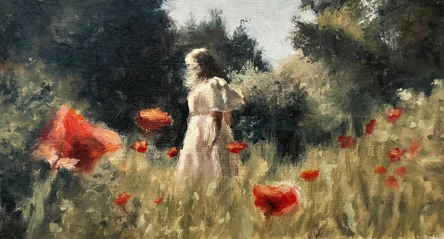 A girl in a long white dress, seen from behind, walks through tall pale grass scattered with red poppies, with dark green trees around her and a pale sky above.